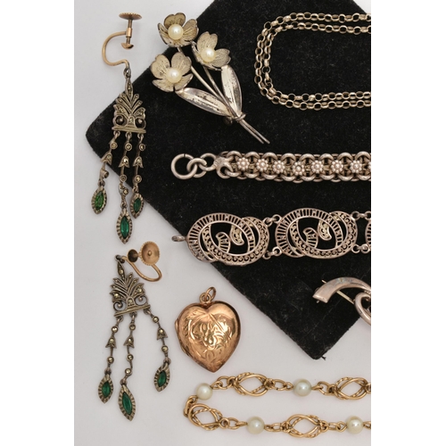 65 - A BAG OF ASSORTED WHITE METAL JEWELLERY, to include an early 20th century white metal bracelet, a pa... 