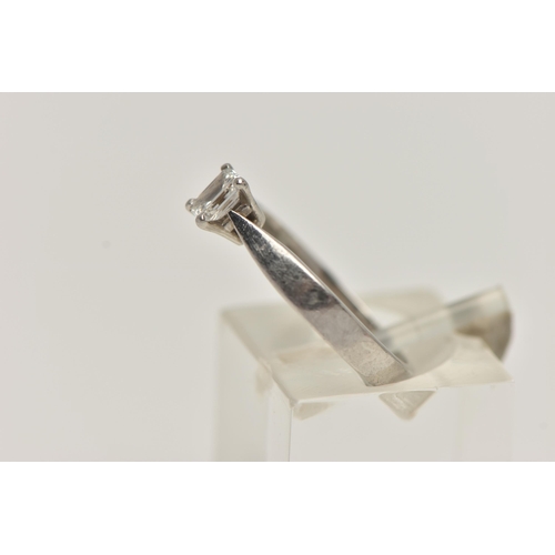 66 - A PLATINUM SINGLE STONE DIAMOND RING, emerald cut diamond prong set in platinum, leading on to a pin... 