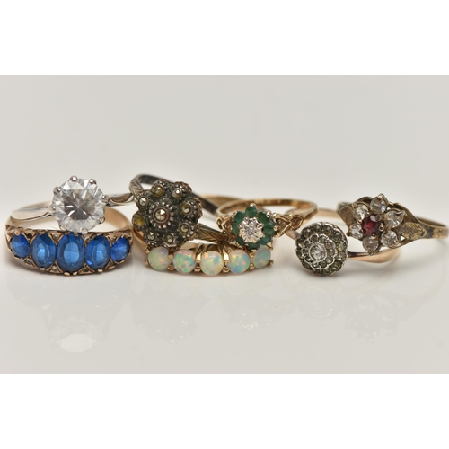 69 - SEVEN RINGS, to include a 9ct gold emerald and diamond cluster ring, hallmarked 9ct Birmingham, a 9c... 