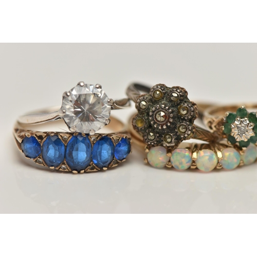 69 - SEVEN RINGS, to include a 9ct gold emerald and diamond cluster ring, hallmarked 9ct Birmingham, a 9c... 