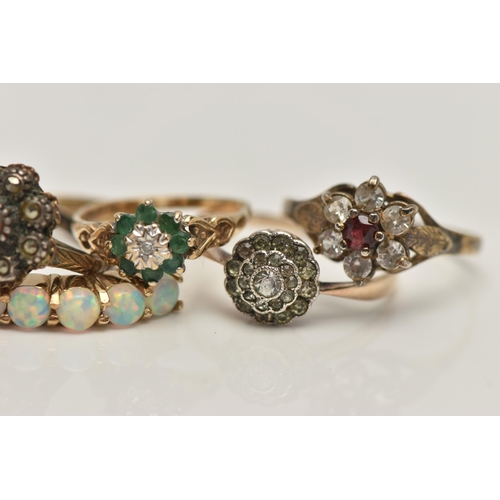 69 - SEVEN RINGS, to include a 9ct gold emerald and diamond cluster ring, hallmarked 9ct Birmingham, a 9c... 