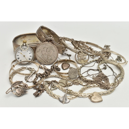 70 - A BAG OF ASSORTED SILVER AND WHITE METAL JEWELLERY, to include a wide silver hinged bangle, hallmark... 