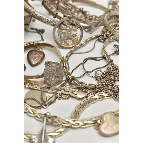 70 - A BAG OF ASSORTED SILVER AND WHITE METAL JEWELLERY, to include a wide silver hinged bangle, hallmark... 