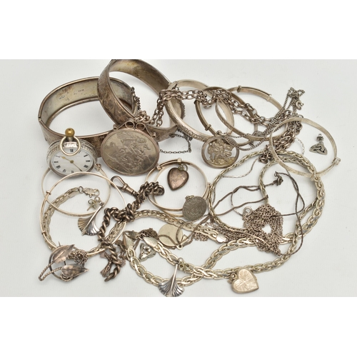 70 - A BAG OF ASSORTED SILVER AND WHITE METAL JEWELLERY, to include a wide silver hinged bangle, hallmark... 