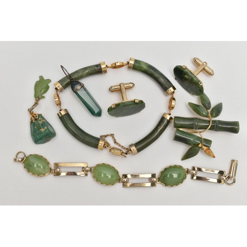 71 - AN ASSORTMENT OF HARD STONE JEWELLERY, to include a nephrite jade bracelet, brooch, pendant and brac... 