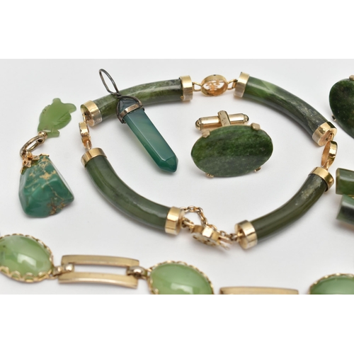 71 - AN ASSORTMENT OF HARD STONE JEWELLERY, to include a nephrite jade bracelet, brooch, pendant and brac... 