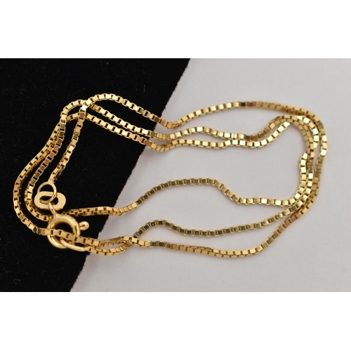 76 - A YELLOW METAL CHAIN NECKLACE, fine box link chain, fitted with a spring clasp, approximate length 4... 