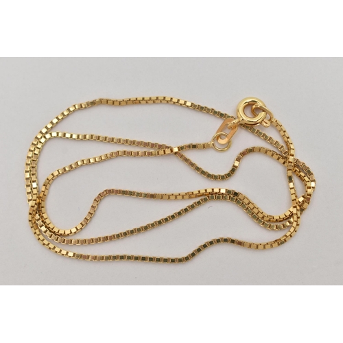 76 - A YELLOW METAL CHAIN NECKLACE, fine box link chain, fitted with a spring clasp, approximate length 4... 