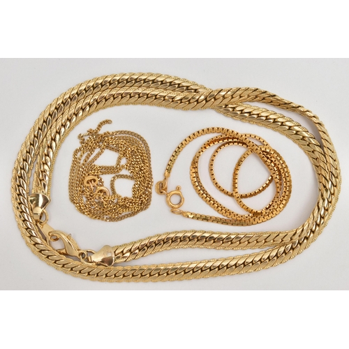 78 - TWO 9CT GOLD CHAINS, the first a flat link yellow gold chain, fitted with a spring clasp, approximat... 