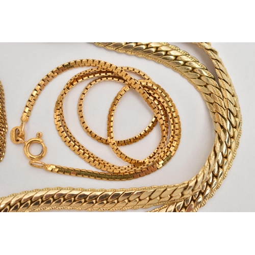 78 - TWO 9CT GOLD CHAINS, the first a flat link yellow gold chain, fitted with a spring clasp, approximat... 