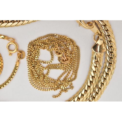 78 - TWO 9CT GOLD CHAINS, the first a flat link yellow gold chain, fitted with a spring clasp, approximat... 