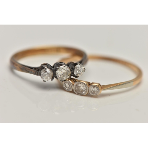 81 - TWO THREE STONE DIAMOND RINGS, the first an old cut diamond and two single stone diamonds, bezel set... 