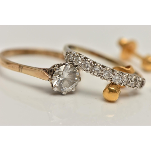 87 - TWO 9CT GOLD RINGS, the first set with nine circular cut cubic zirconia, prong set in white gold lea... 