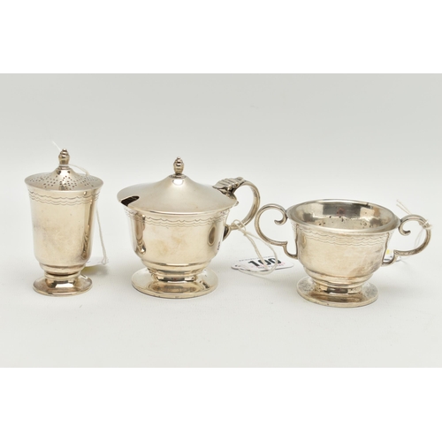 100 - A GEORGE VI SILVER THREE PIECE CRUET SET, of circular form with engraved band of three wavy lines, o... 