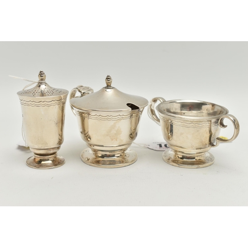 100 - A GEORGE VI SILVER THREE PIECE CRUET SET, of circular form with engraved band of three wavy lines, o... 