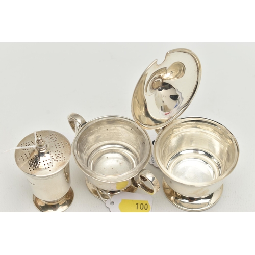 100 - A GEORGE VI SILVER THREE PIECE CRUET SET, of circular form with engraved band of three wavy lines, o... 