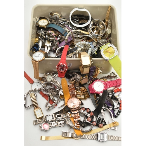 104 - A BOX OF ASSORTED FASHION WATCHES, names to include River Island, Oasis, Carvel, Citron, Avon, (cond... 