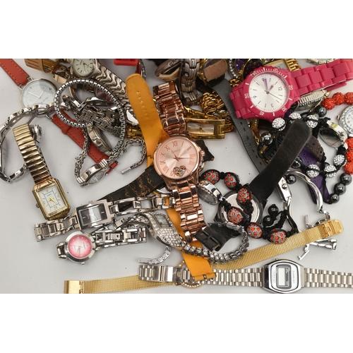 104 - A BOX OF ASSORTED FASHION WATCHES, names to include River Island, Oasis, Carvel, Citron, Avon, (cond... 