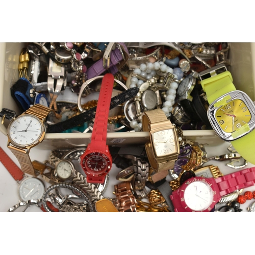 104 - A BOX OF ASSORTED FASHION WATCHES, names to include River Island, Oasis, Carvel, Citron, Avon, (cond... 