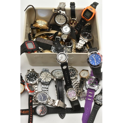 105 - A BOX OF ASSORTED WRISTWATCHES, names to include Sekonda, Superdry, G&O, Timex, Ieke, Citron, Next, ... 