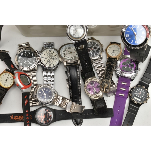 105 - A BOX OF ASSORTED WRISTWATCHES, names to include Sekonda, Superdry, G&O, Timex, Ieke, Citron, Next, ... 