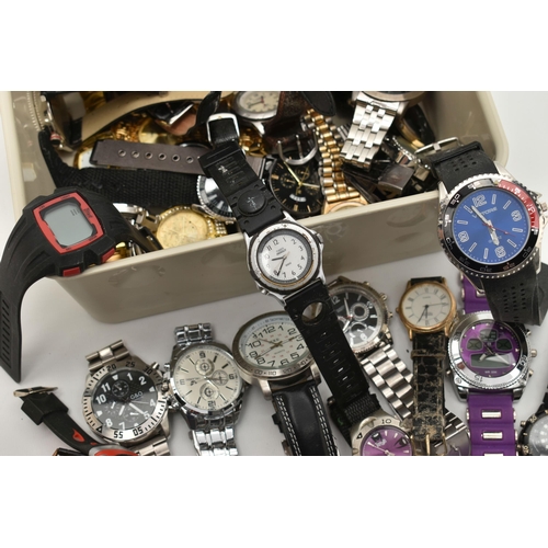 105 - A BOX OF ASSORTED WRISTWATCHES, names to include Sekonda, Superdry, G&O, Timex, Ieke, Citron, Next, ... 