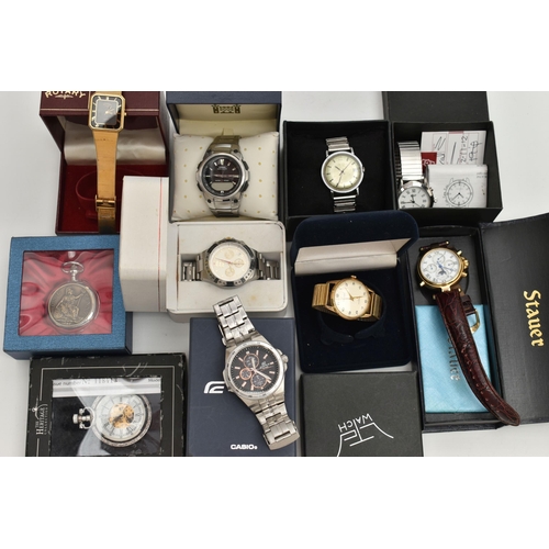 108 - A BOX OF ASSORTED WRISTWATCHES, to include a Stauer automatic moon phase, a Casio Edifice, a Ca... 