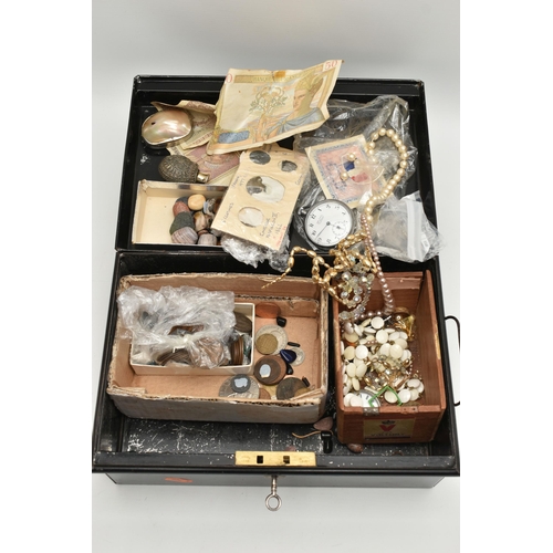 110 - A BOX OF ASSORTED ITEMS, to include a ladys AF white metal pocket watch, a 'H Samuel' pocket watch, ... 