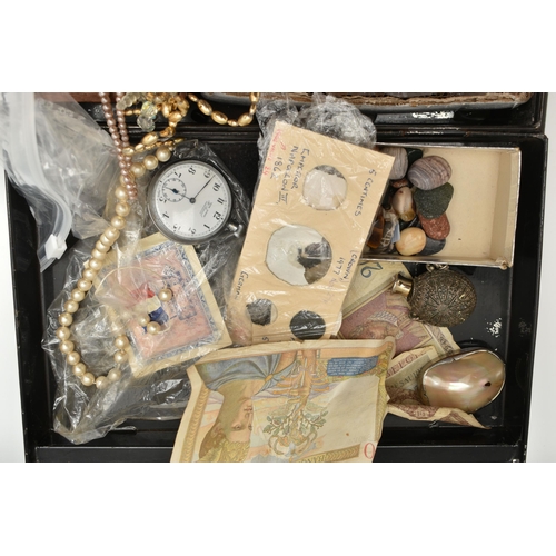 110 - A BOX OF ASSORTED ITEMS, to include a ladys AF white metal pocket watch, a 'H Samuel' pocket watch, ... 