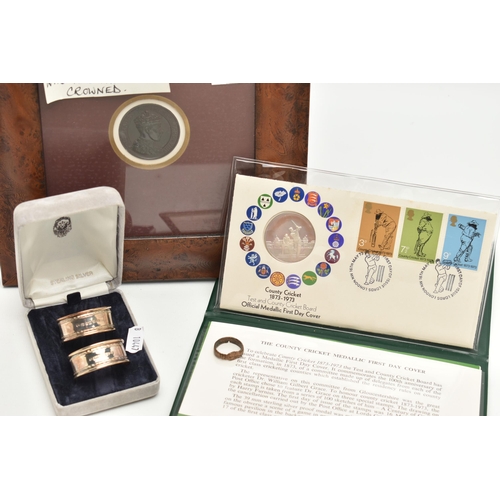 114 - A BOX OF ASSORTED ITEMS, to include a framed medal depicting Edward VIII wearing a crown, dated 1937... 