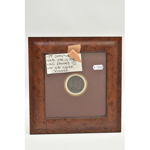 114 - A BOX OF ASSORTED ITEMS, to include a framed medal depicting Edward VIII wearing a crown, dated 1937... 