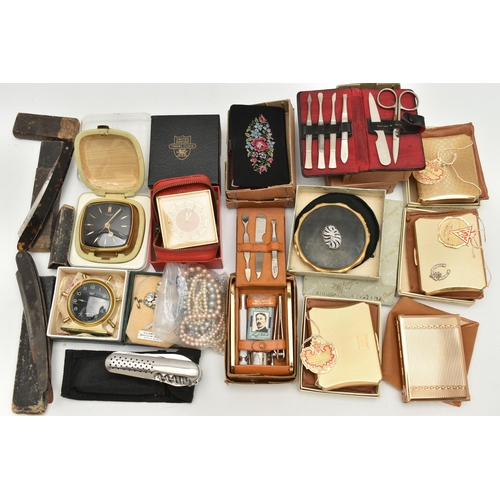 116 - A BOX OF ASSORTED ITEMS, to include a 'Smiths' mantle clock, a 'Smiths' travel clock, a 'Kienzle' tr... 