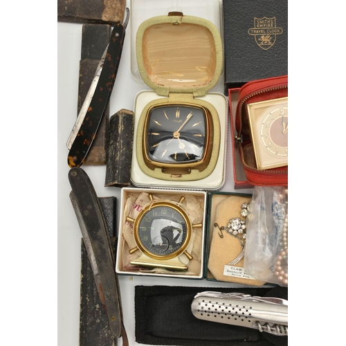 116 - A BOX OF ASSORTED ITEMS, to include a 'Smiths' mantle clock, a 'Smiths' travel clock, a 'Kienzle' tr... 