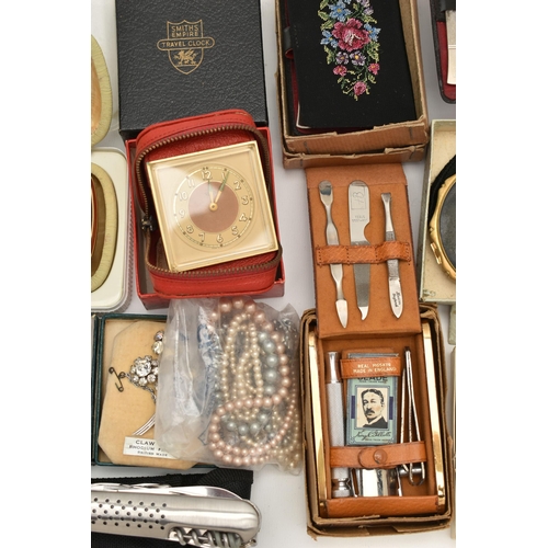 116 - A BOX OF ASSORTED ITEMS, to include a 'Smiths' mantle clock, a 'Smiths' travel clock, a 'Kienzle' tr... 