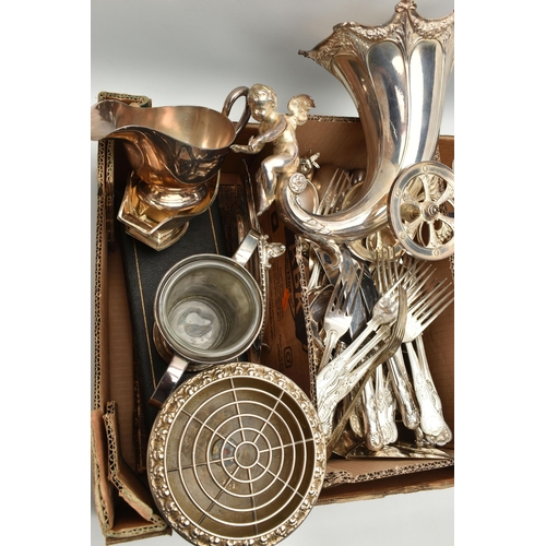 117 - A BOX OF ASSORTED WHITE METAL WARE, to include a silver plate vase with cherub detail on wheels, an ... 