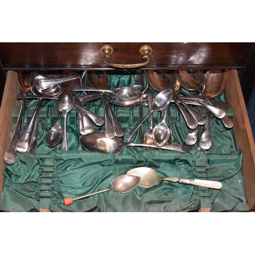 119 - A FIVE DRAW FREE STANDING WOODEN CANTEEN, with assorted cutlery, some non-matching not original piec... 