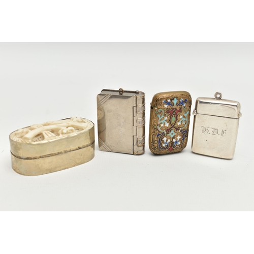 89 - THREE VESTAS AND A TRINKET BOX, a silver vista, engraved with monogram detail, hallmarked Birmingham... 