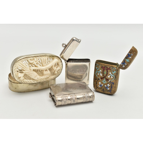 89 - THREE VESTAS AND A TRINKET BOX, a silver vista, engraved with monogram detail, hallmarked Birmingham... 