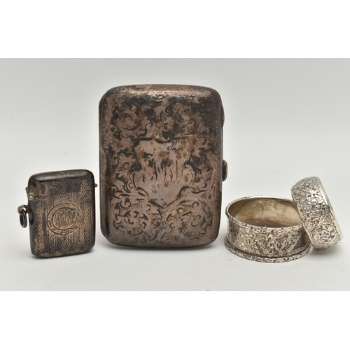 91 - AN ASSORTMENT OF SILVER ITEMS, to include a silver cigarette case, etched with foliage detail, hallm... 