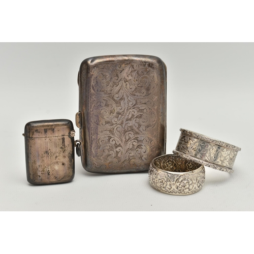 91 - AN ASSORTMENT OF SILVER ITEMS, to include a silver cigarette case, etched with foliage detail, hallm... 