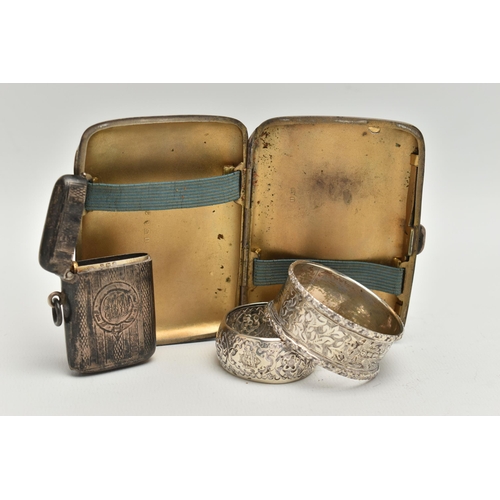 91 - AN ASSORTMENT OF SILVER ITEMS, to include a silver cigarette case, etched with foliage detail, hallm... 