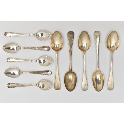 93 - AN ASSORTMENT OF SILVER TEASPOONS, to include five old English pattern teaspoons each engraved with ... 