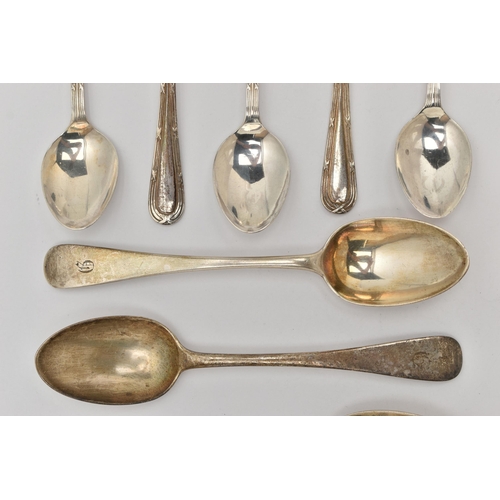 93 - AN ASSORTMENT OF SILVER TEASPOONS, to include five old English pattern teaspoons each engraved with ... 