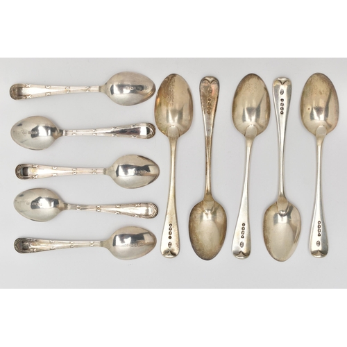 93 - AN ASSORTMENT OF SILVER TEASPOONS, to include five old English pattern teaspoons each engraved with ... 