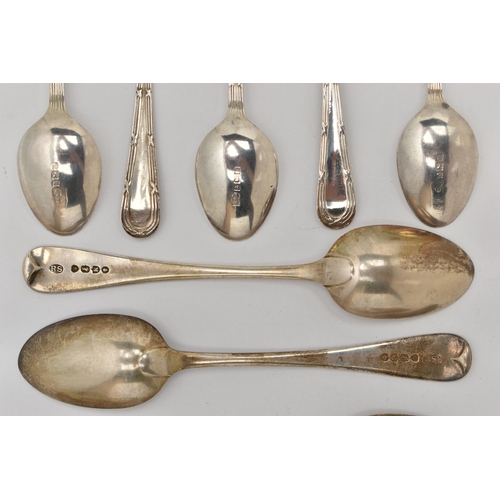 93 - AN ASSORTMENT OF SILVER TEASPOONS, to include five old English pattern teaspoons each engraved with ... 