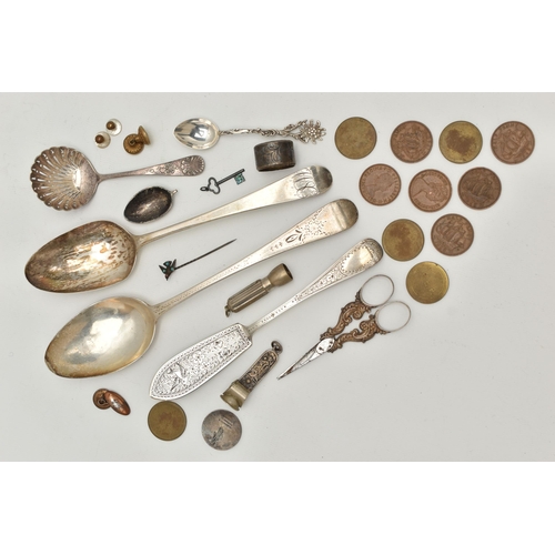 94 - AN ASSORTMENT OF SILVER AND OTHER ITEMS, to include a silver floral engraved butter knife, hallmarke... 