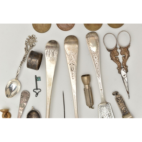 94 - AN ASSORTMENT OF SILVER AND OTHER ITEMS, to include a silver floral engraved butter knife, hallmarke... 