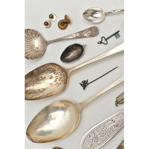 94 - AN ASSORTMENT OF SILVER AND OTHER ITEMS, to include a silver floral engraved butter knife, hallmarke... 