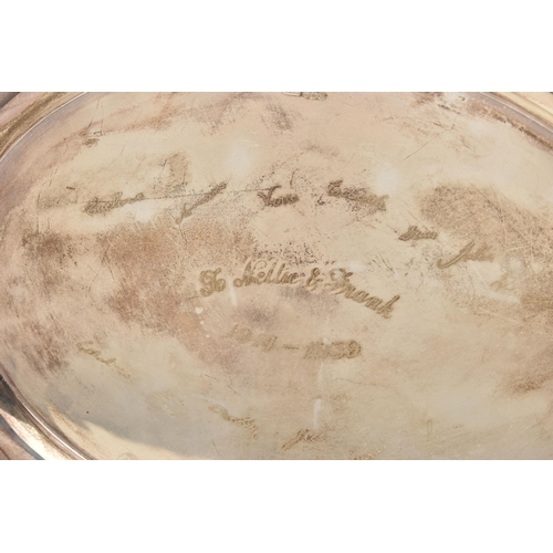 98 - A GEORGE VI SILVER OVAL TWIN HANDLED TRAY WITH WAVY EDGE, the front inscribed with presentation insc... 