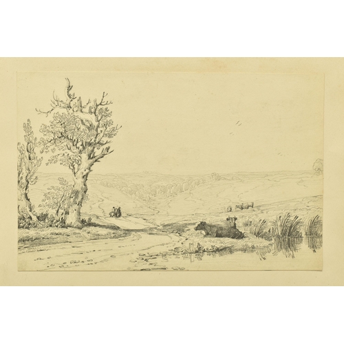 311 - CIRCLE OF WILLIAM TURNER OF OXFORD (1789-1862) A PICTURESQUE LANDSCAPE, cattle are grazing with two ... 